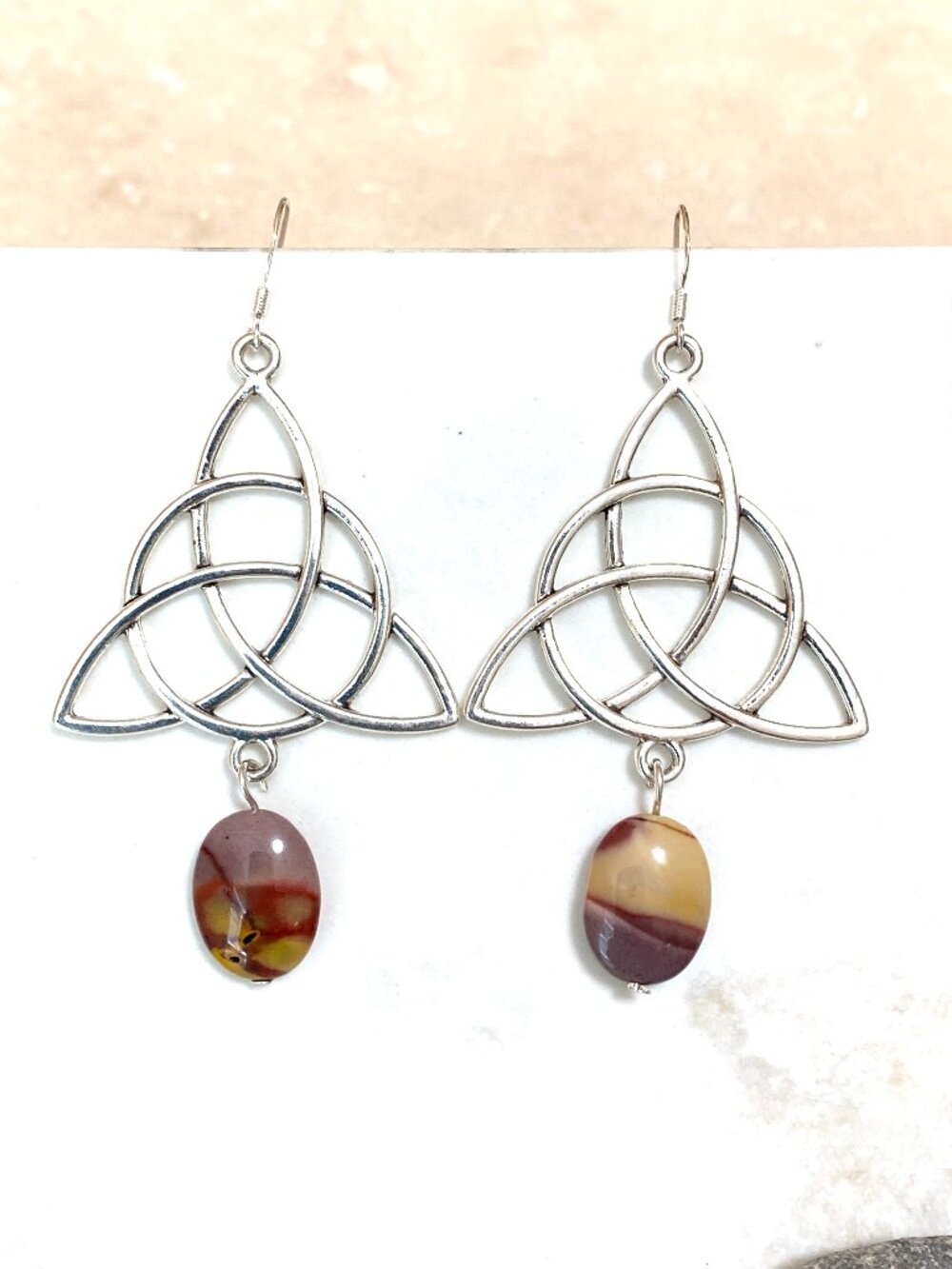 2/$20,Genuine Earthy Mookaite Celtic Trinity Earrings,Gemstone & 925 Silver Hook